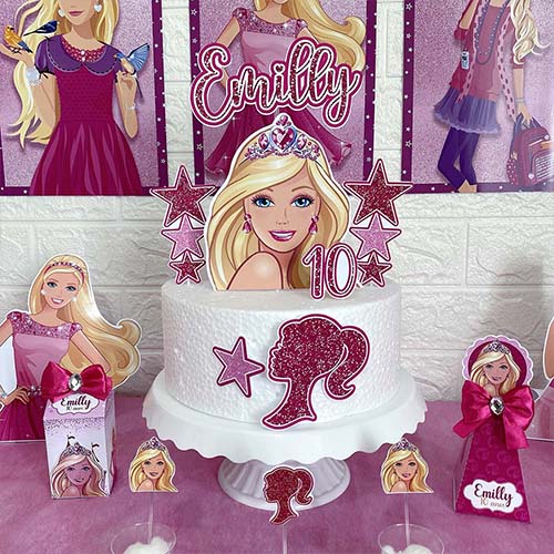 Kit Personalizado Barbie com 78 itens para festas, incluindo topo de bolo, pôsters e displays.